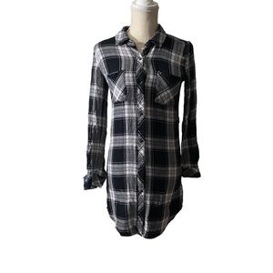 Rails Black Grey White Check Plaid Long Sleeve Button-Front Mini Dress Women XS